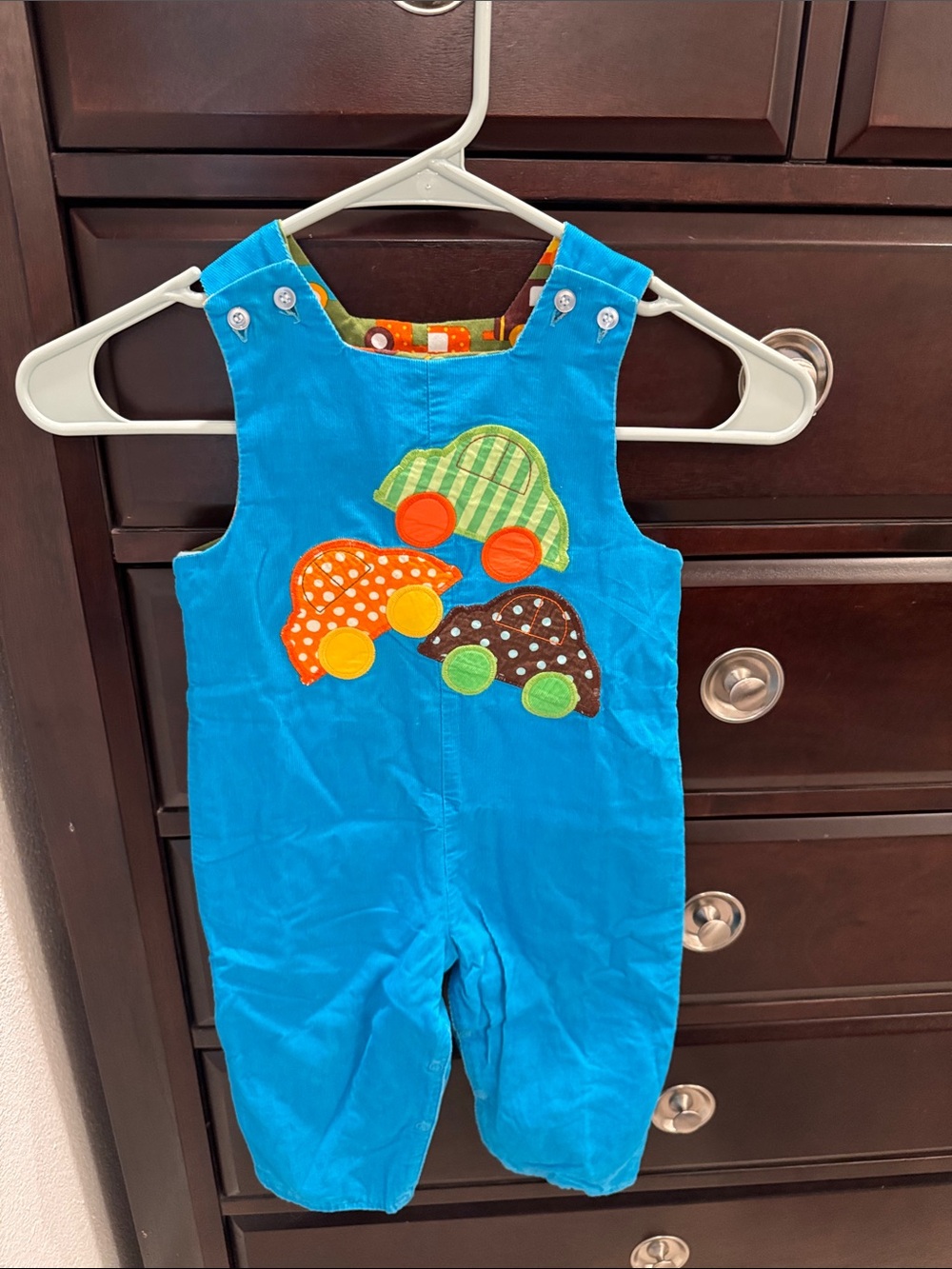 The Bailey Boys Bright Blue Corduroy Kids Overalls with Playful Car Appliqués